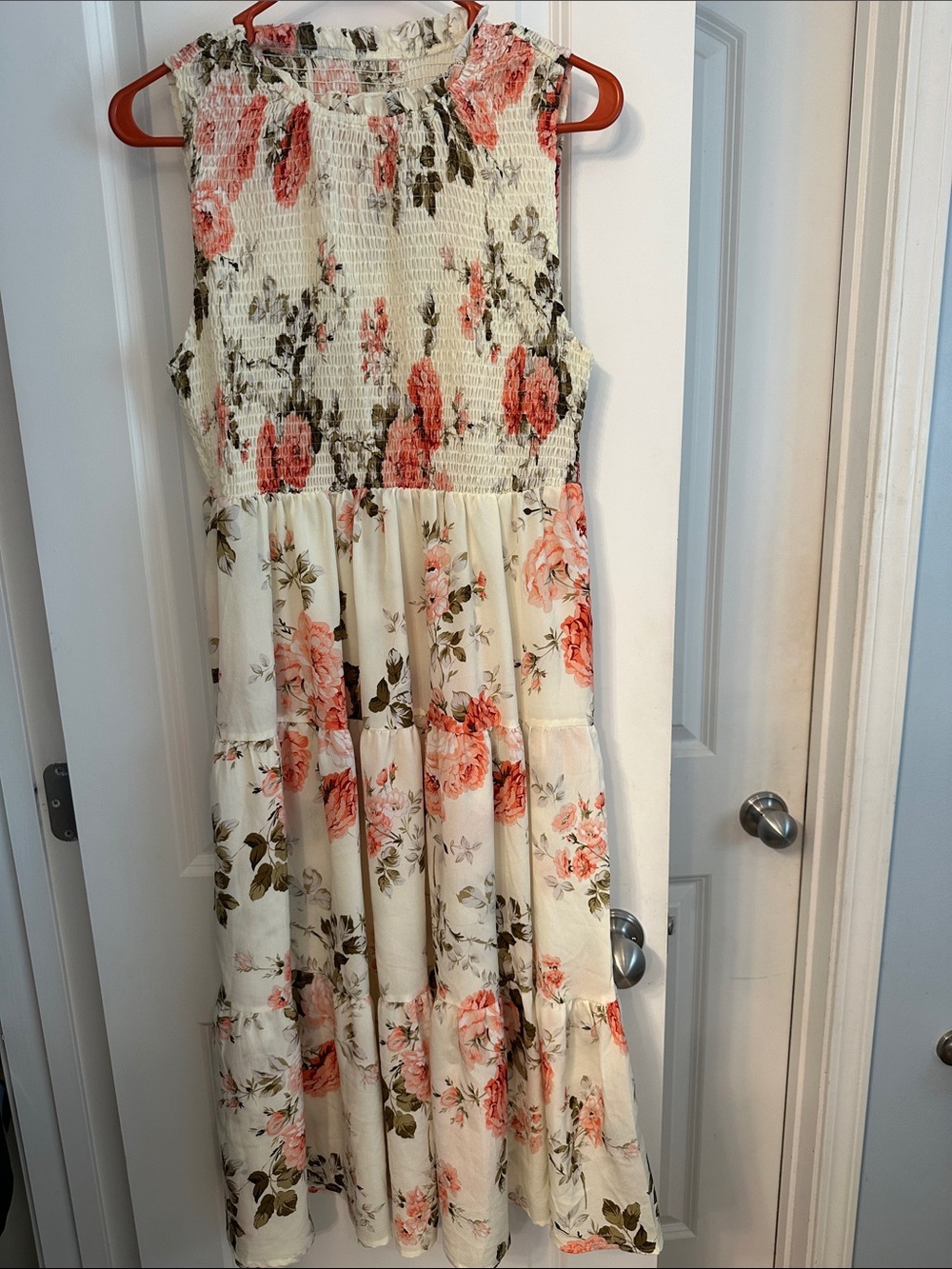 SHEIN Cream Midi Dress with Pink Floral Print